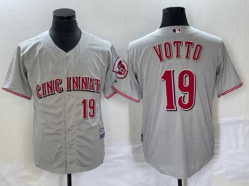 Men%27s Cincinnati Reds #19 Joey Votto Grey Wool Stitched Throwback Jersey